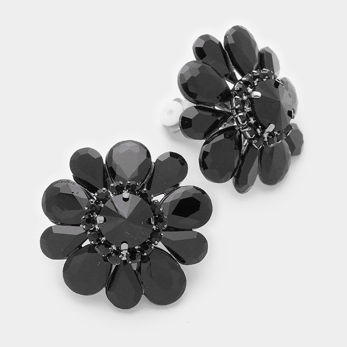 Large Black Crystal Flower Clip On Earrings