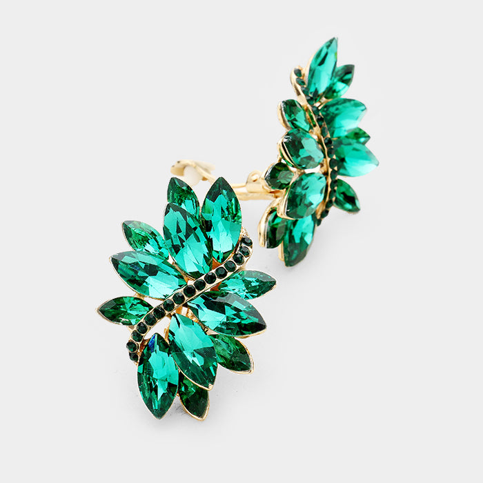 Green crystal rhinestone clip on earrings on gold