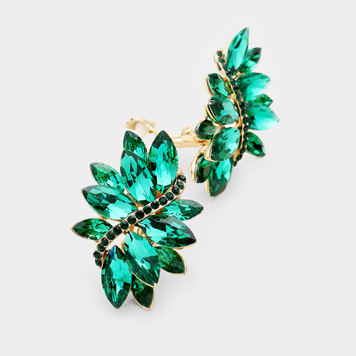 Green crystal rhinestone clip on earrings on gold