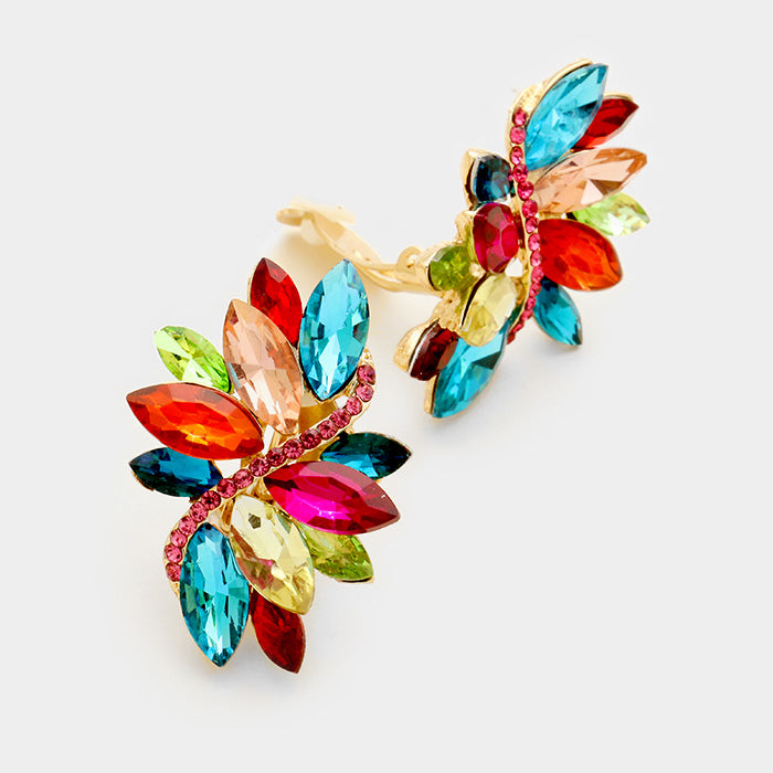 Multi-Color crystal rhinestone clip on earrings on gold