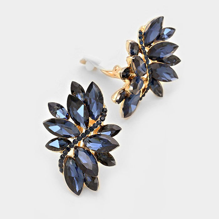 Navy Crystal Rhinestone Clip on Earrings