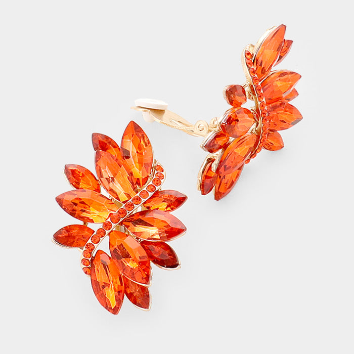 Orange crystal rhinestone clip on earrings on gold