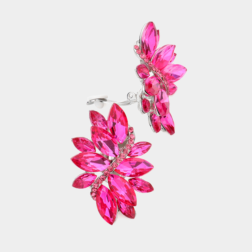 Fuchsia Crystal Rhinestone Earrings | Clip On