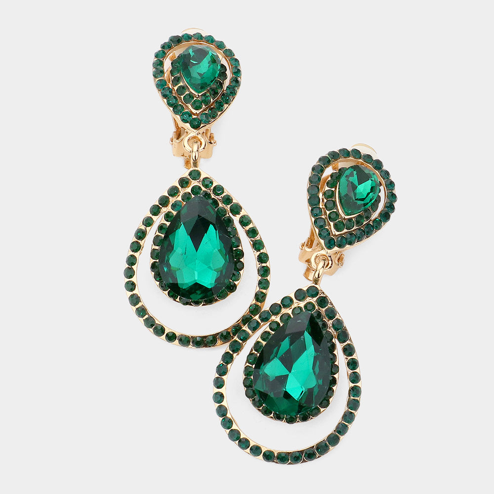 Emerald Crystal Surround Clip On Earrings