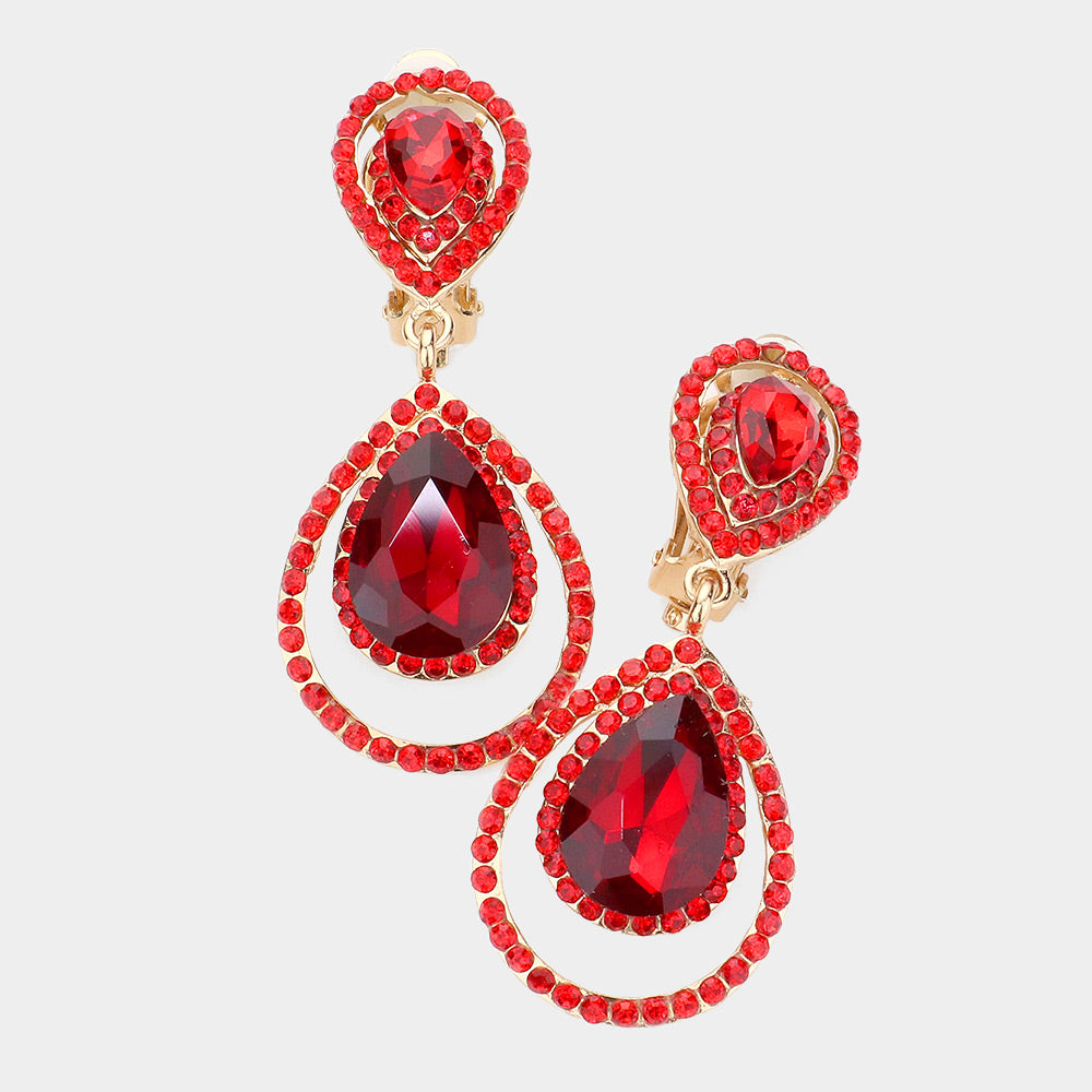 Red Crystal Surround Clip On Earrings