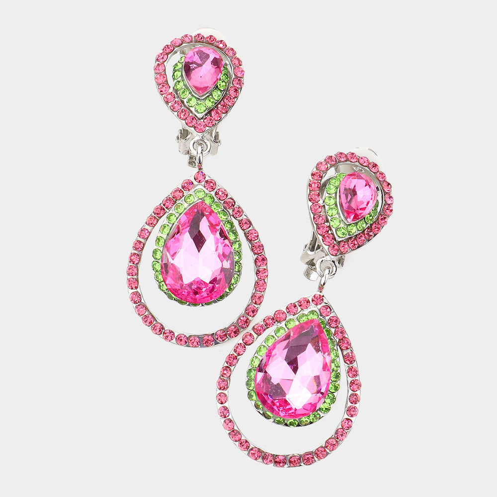 Pink, Green Crystal Surround Clip On Earrings