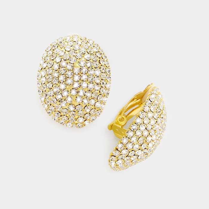 Oval Clear Rhinestone Clip On Stud Earrings on Gold