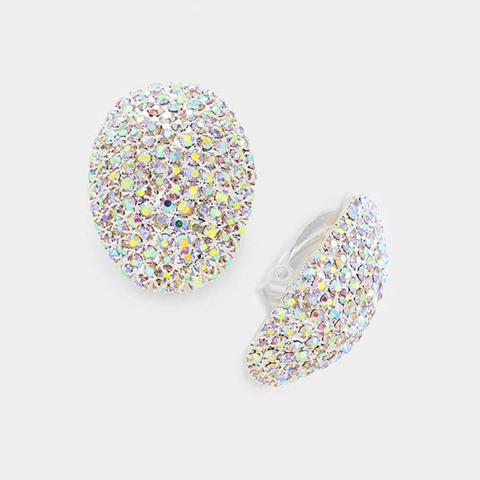 Oval AB Rhinestone Clip On Stud Earrings