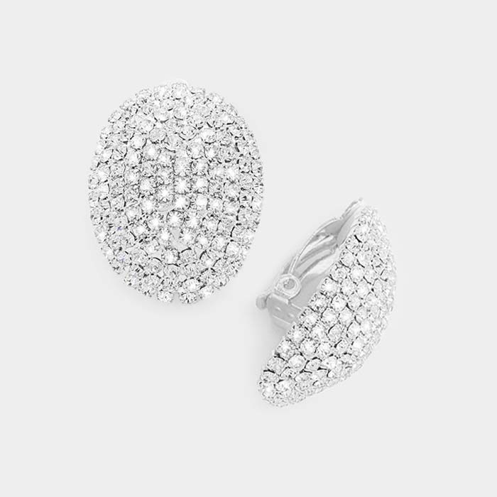 Oval Clear Rhinestone Clip On Stud Earrings