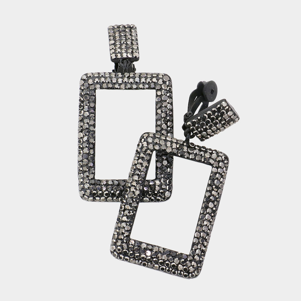 Black Rhinestone Embellished Open Rectangle Pageant Earrings | Fun Fashion Earrings
