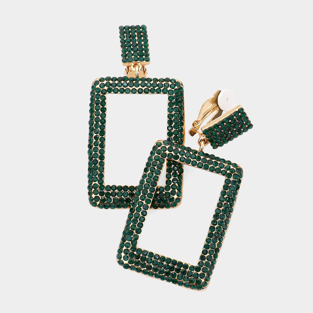 Green Rhinestone Embellished Open Rectangle Pageant Earrings  | Fun Fashion Earrings