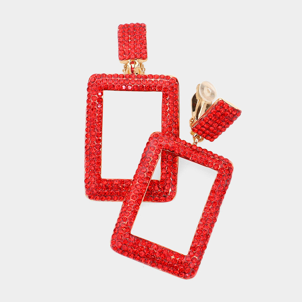 Red Rhinestone Embellished Open Rectangle Pageant Earrings  | Fun Fashion Earrings