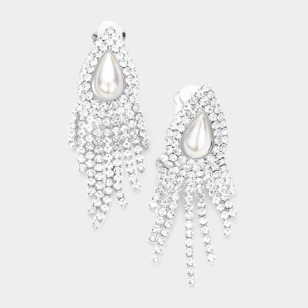 Teardrop White Pearl Accented Rhinestone Fringe Clip on Bridal Earrings