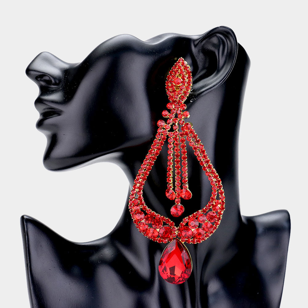 Red Crystal Pageant Earrings on Gold | "Miss America"| Clip On