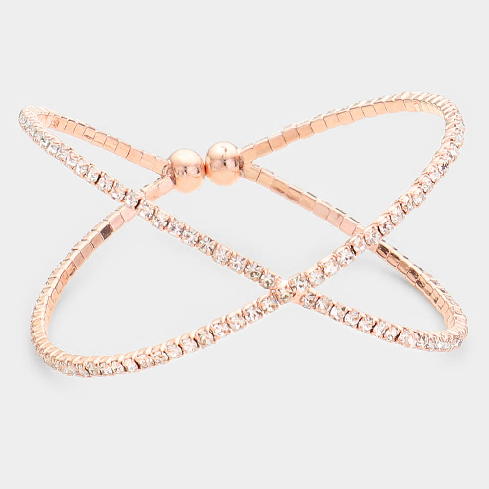 Criss Cross Clear Rhinestone Cuff Bracelet on Rose Gold