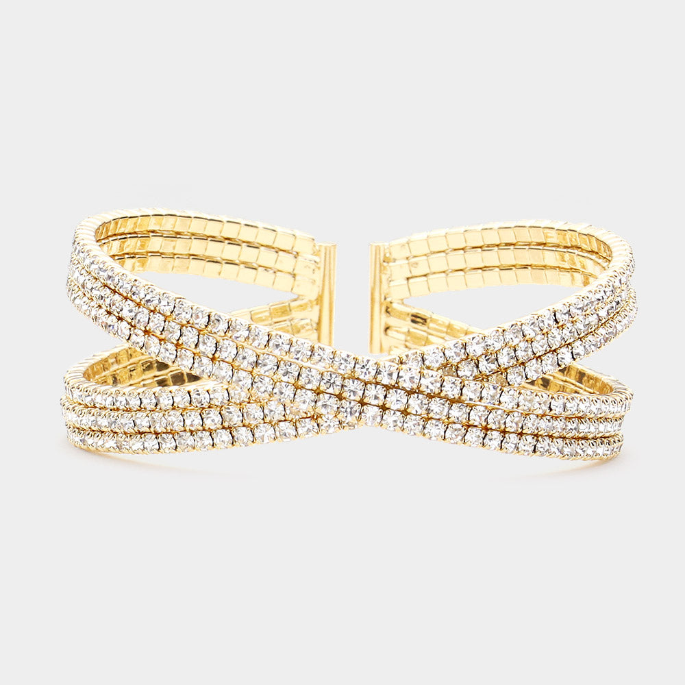 Clear Rhinestone Embellished Crisscross Cuff Pageant Bracelet on Gold | Cuff Prom Bracelet