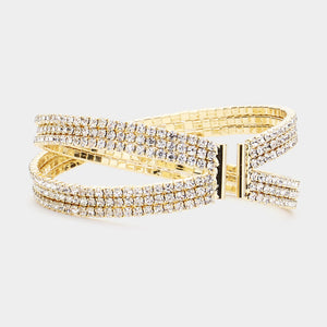 Clear Rhinestone Embellished Crisscross Cuff Pageant Bracelet on Gold | Cuff Prom Bracelet | 508012