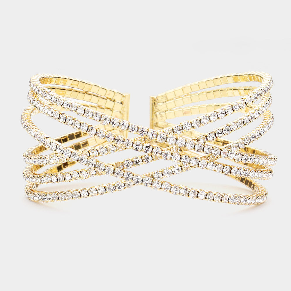 Clear Rhinestone Embellished Crisscross Cuff Pageant Bracelet on Gold | Cuff Prom Bracelet