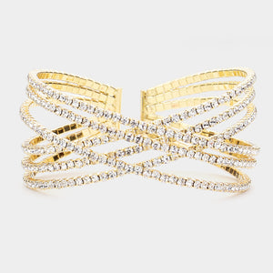 Clear Rhinestone Embellished Crisscross Cuff Pageant Bracelet on Gold | Cuff Prom Bracelet