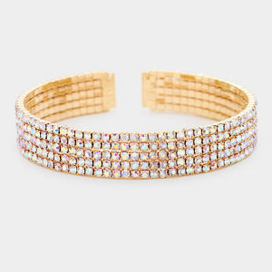 Five Row Rhinestone AB Crystal Cuff Bracelet on Gold
