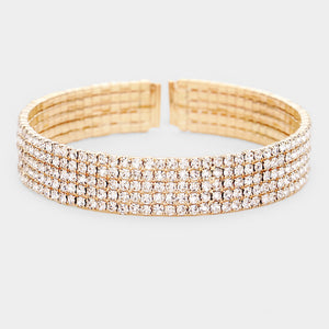 Five Row Rhinestone Clear Crystal Cuff Bracelet on Gold