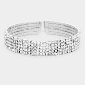 Five Row Rhinestone Clear Crystal Cuff Bracelet on Silver