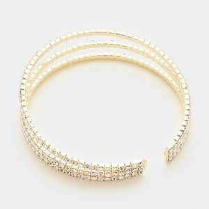Three Row Clear Crystal Rhinestone Cuff Bracelet on Gold  | 334204