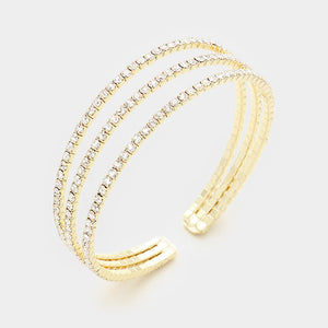 Three Row Clear Crystal Rhinestone Cuff Bracelet on Gold  | 334204