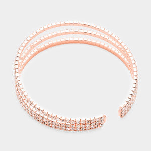 Three Row Clear Crystal Rhinestone Cuff Bracelet on Rose Gold  | 366427