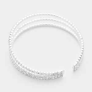 Three Row Clear Crystal Rhinestone Cuff Bracelet on Silver  | 334203