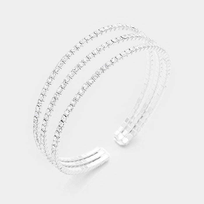 Three Row Clear Crystal Rhinestone Cuff Bracelet on Silver