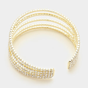 Five Row Clear Crystal Rhinestone Cuff Bracelet on Gold  | 334202