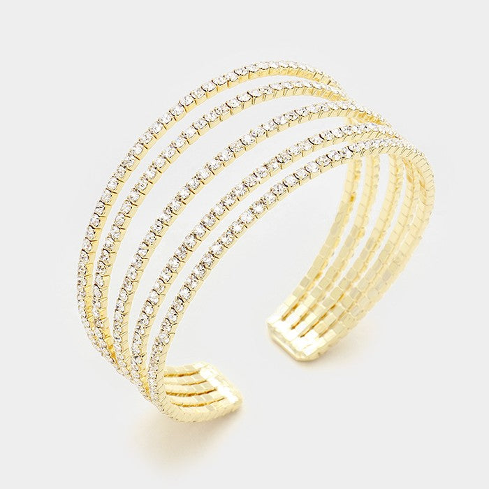 Five Row Clear Crystal Rhinestone Cuff Bracelet on Gold