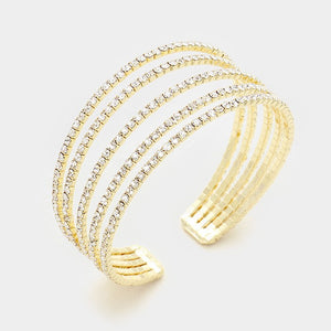 Five Row Clear Crystal Rhinestone Cuff Bracelet on Gold