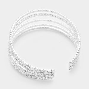 Five Row Clear Crystal Rhinestone Cuff Bracelet on Silver  | 334201