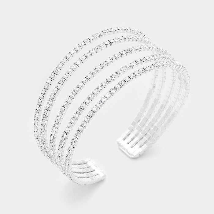 Five Row Clear Crystal Rhinestone Cuff Bracelet on Silver