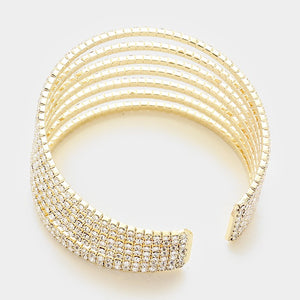 Seven Row Clear Crystal Rhinestone Cuff Bracelet on Gold  | 334200