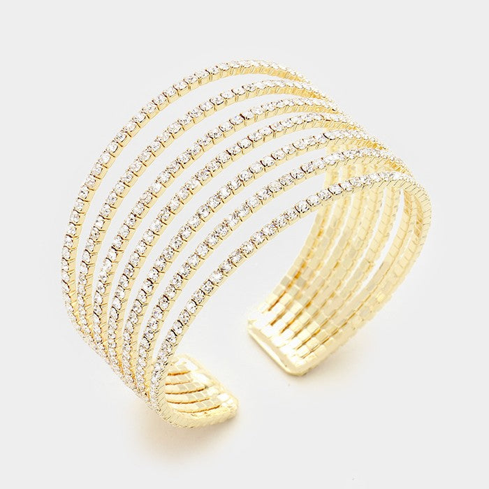 Seven Row Clear Crystal Rhinestone Cuff Bracelet on Gold