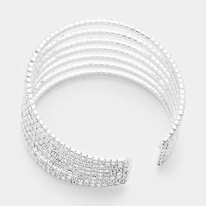Seven Row Clear Crystal Rhinestone Cuff Bracelet on Silver  | 334199