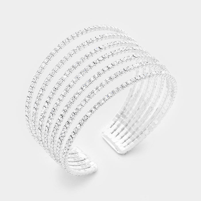 Seven Row Clear Crystal Rhinestone Cuff Bracelet on Silver