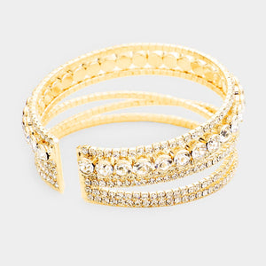 Crisscross Clear Crystal Rhinestone and Round Stone Cuff Bracelet on Gold | 425589