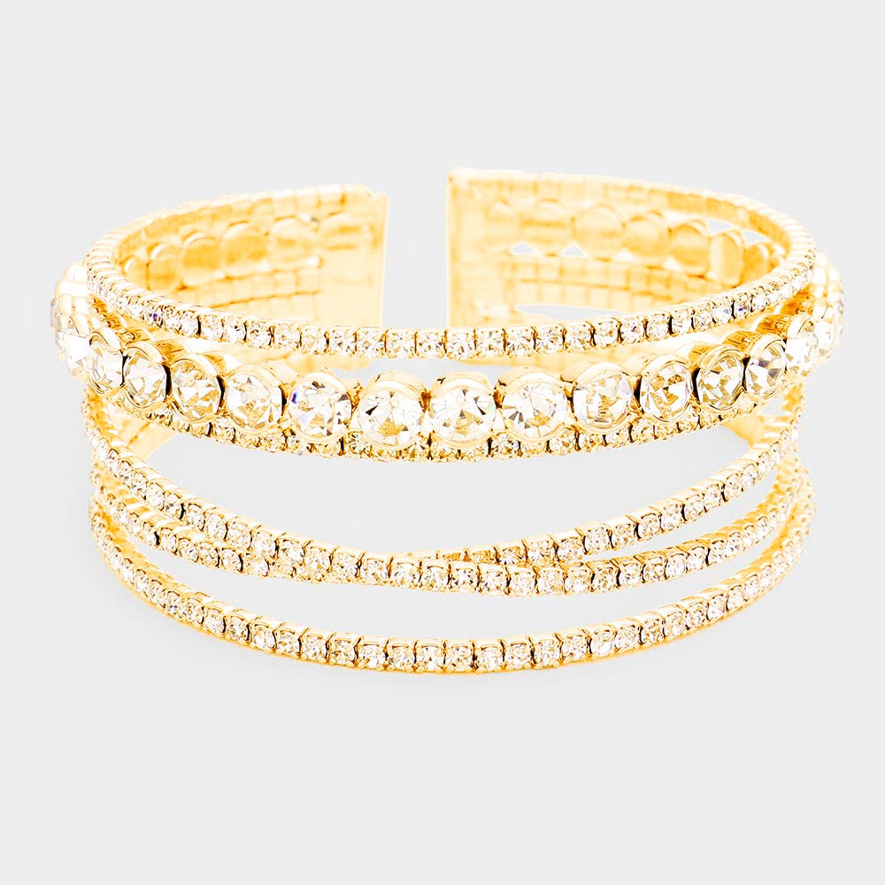 Crisscross Clear Crystal Rhinestone and Round Stone Cuff Bracelet on Gold