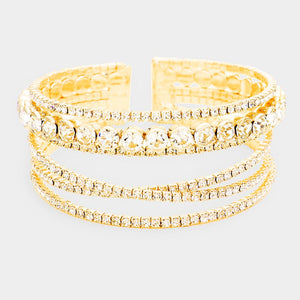 Crisscross Clear Crystal Rhinestone and Round Stone Cuff Bracelet on Gold