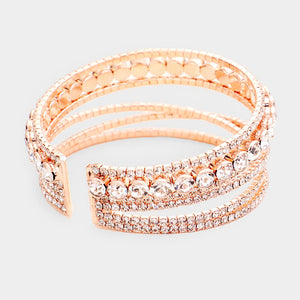 Crisscross Clear Crystal Rhinestone and Round Stone Cuff Bracelet on Rose Gold | 425590