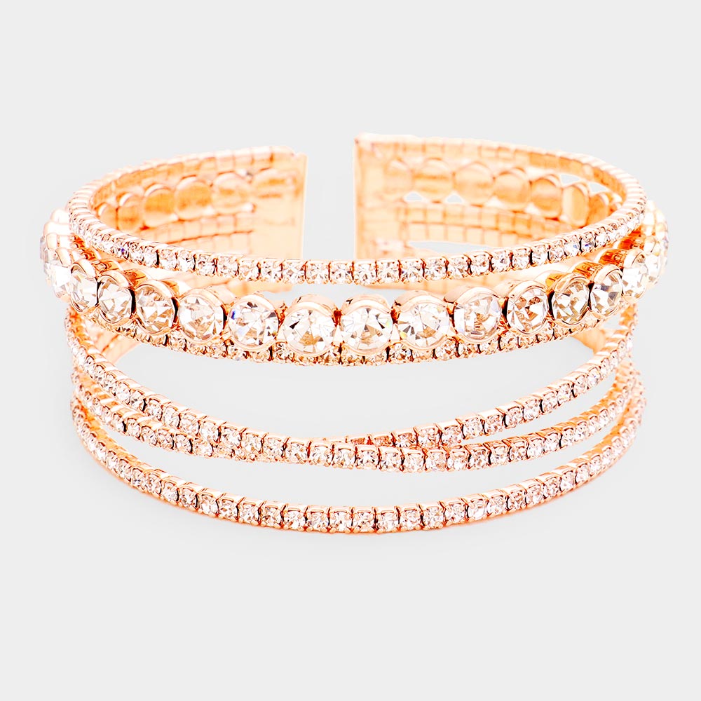 Crisscross Clear Crystal Rhinestone and Round Stone Cuff Bracelet on Rose Gold