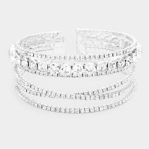 Crisscross Clear Crystal Rhinestone and Round Stone Cuff Bracelet