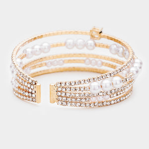 Pearl Crystal Rhinestone Cuff Bridal Bracelet on Gold | Wedding Jewelry | 467039