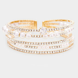 Pearl Crystal Rhinestone Cuff Bridal Bracelet on Gold | Wedding Jewelry
