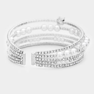 Pearl Crystal Rhinestone Cuff Bridal Bracelet on Silver | Wedding Jewelry | 467040