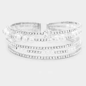 Pearl Crystal Rhinestone Cuff Bridal Bracelet on Silver | Wedding Jewelry